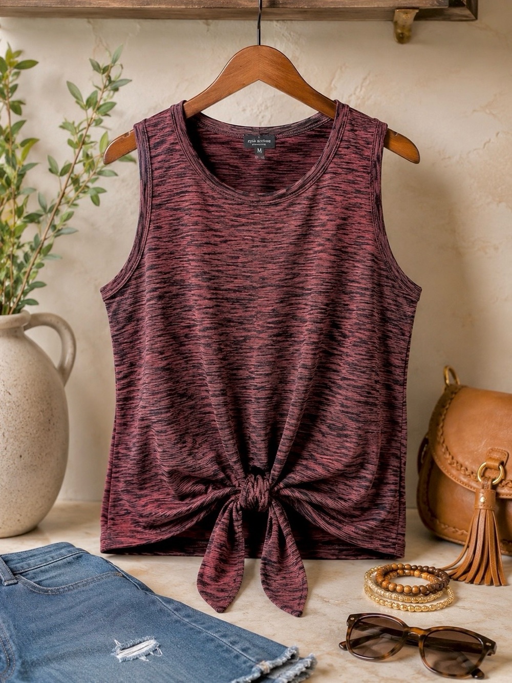 ✨ ZYIA Active Burgundy Heathered Tie-Front Tank | Athleisure Chic ✨Bundle & Save